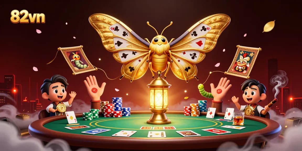 Engage in thrilling poker games at 82vn featuring a majestic moth and poker elements.