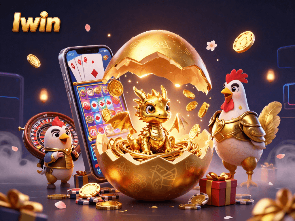 Iwin delivers a thrilling casino experience with golden dragon and poker chips amid vibrant slot game excitement.