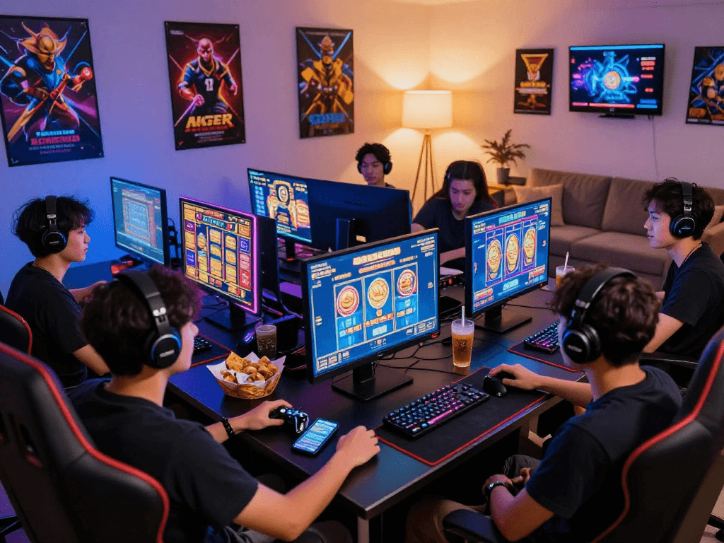 Enthusiastic players enjoying slot gacor in a vibrant gaming setup with modern décor.