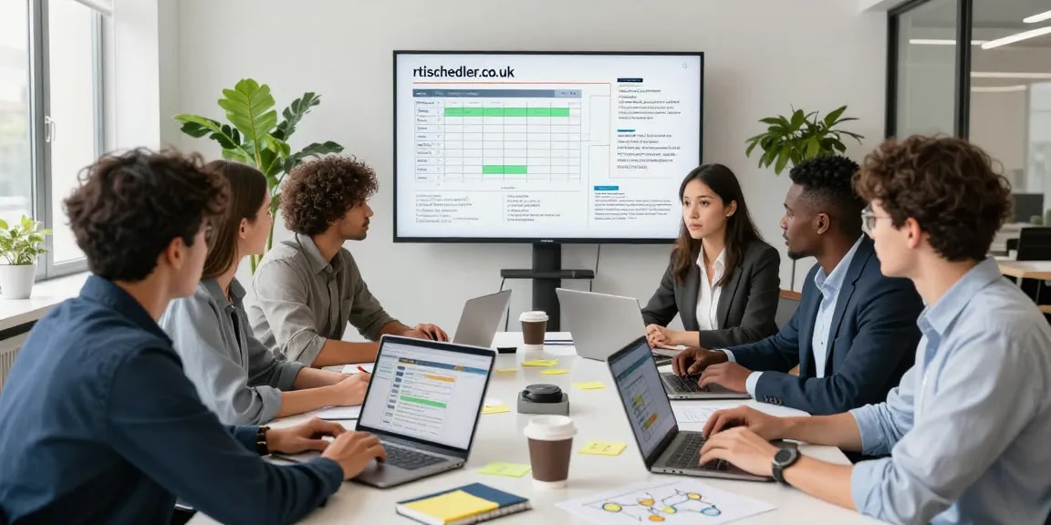 Team collaboration on scheduling solutions at rtischeduler.co.uk in a modern office setting