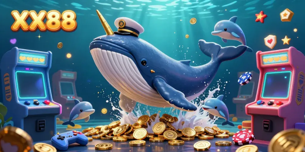 Experience the excitement of XX88 with playful dolphins, a captain whale, and glowing game machines.