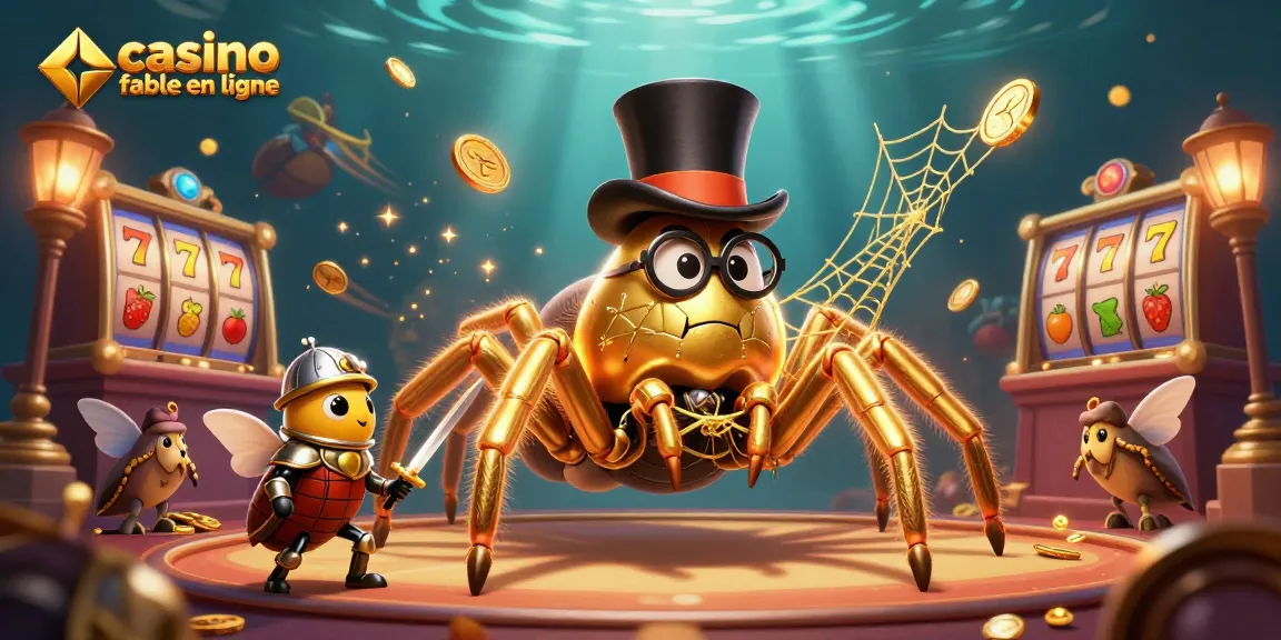 Image d'un casino fiable en ligne avec une tarentule dorée et un chevalier, entouré d'éléments de jeu