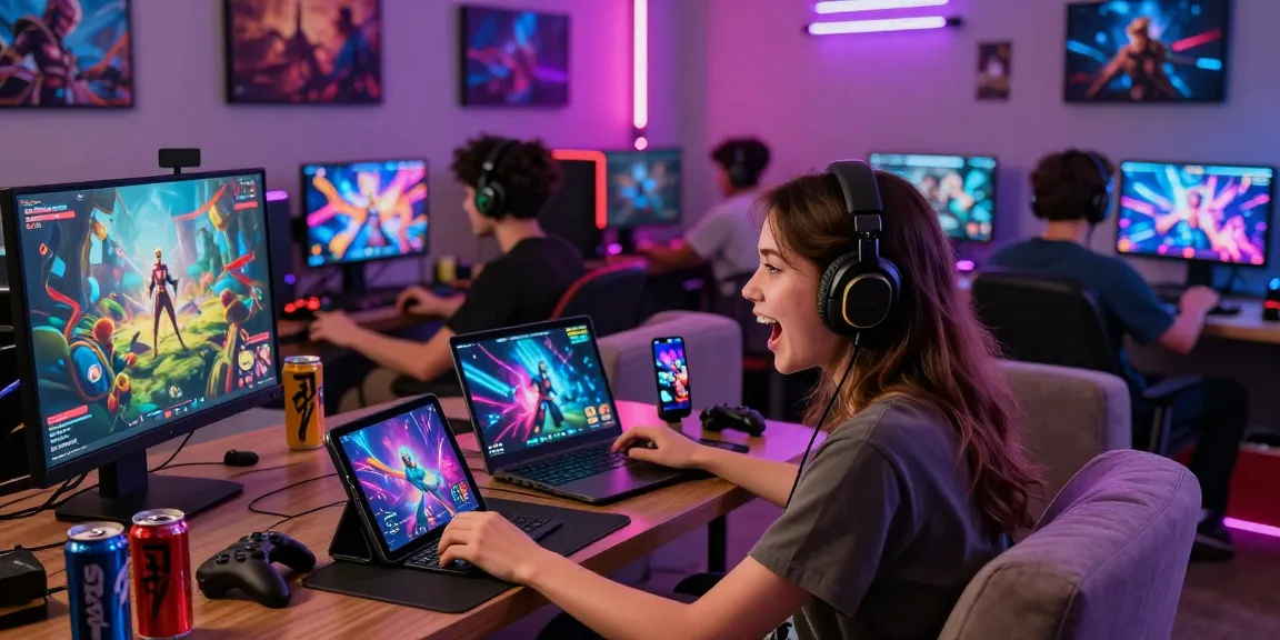 Engaging scene of gamers playing porn games on various devices with vibrant graphics.