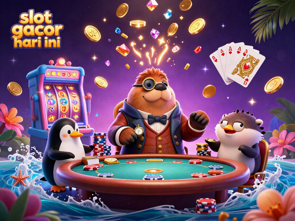 Experience the thrill of slot gacor hari ini with lively characters from a 3D casino scene.