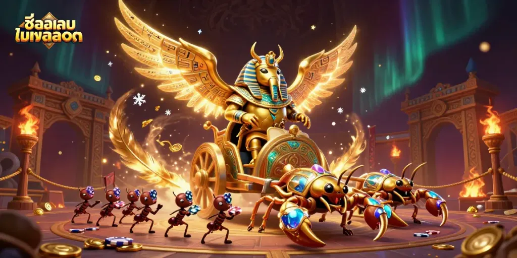 Engage with ชื่อเกมสล็อต featuring a golden scarab beetle, scorpions, and poker chip-carrying ants in a dynamic casino scene.
