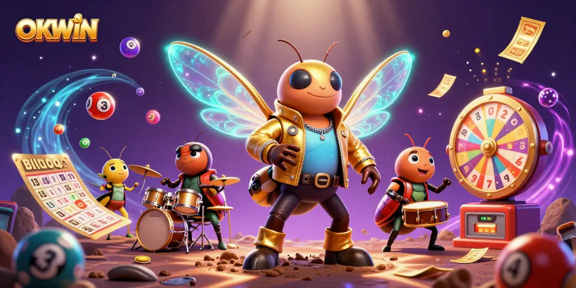 Engage with OKWIN's vibrant casino universe featuring a rock star cicada, beetle drummer, and a dynamic gambling scene.
