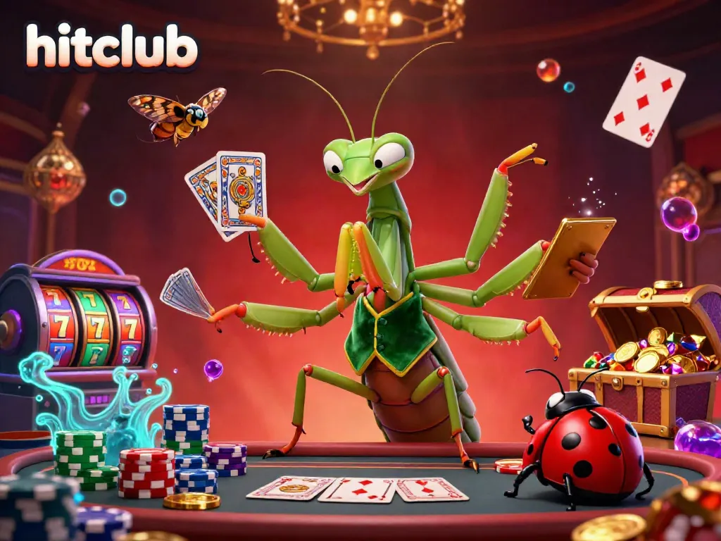 Hitclub casino scene with a giant mantis card sharp and ladybug pit boss, featuring vibrant gambling elements.