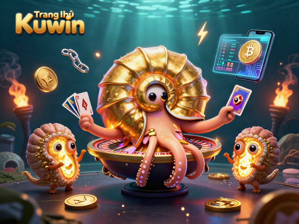 Engage with Trang chủ Kuwin for thrilling gambling experiences featuring a mythical nautilus and vibrant crypto elements.