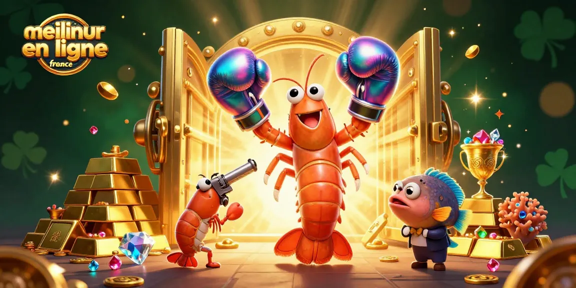 Illustration dynamique du meilleur casino en ligne France avec des personnages de crevettes colorées et des trésors éclatants.