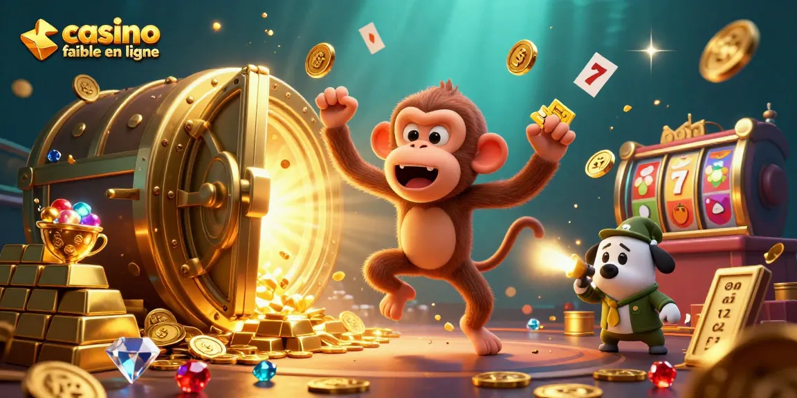 Illustration humoristique d'un casino vivant avec un singe poltergeist qui jongle avec des objets dorés, représentant un casino fiable en ligne.