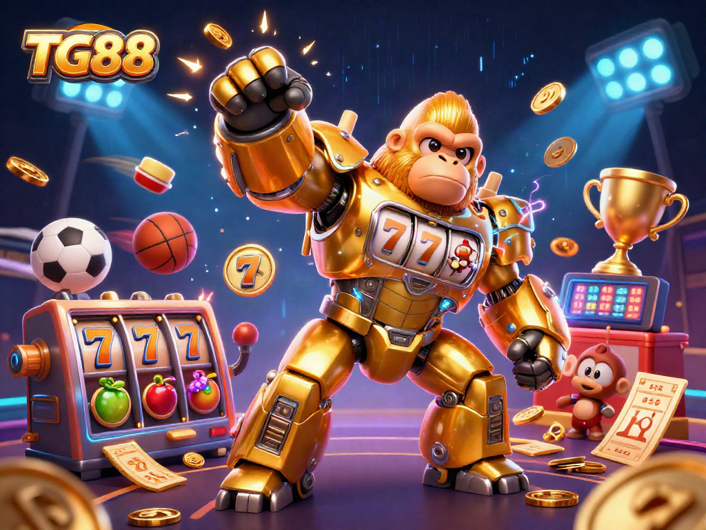 Engage with TG88's thrilling gaming experience featuring a golden gorilla mech and dynamic sports elements.