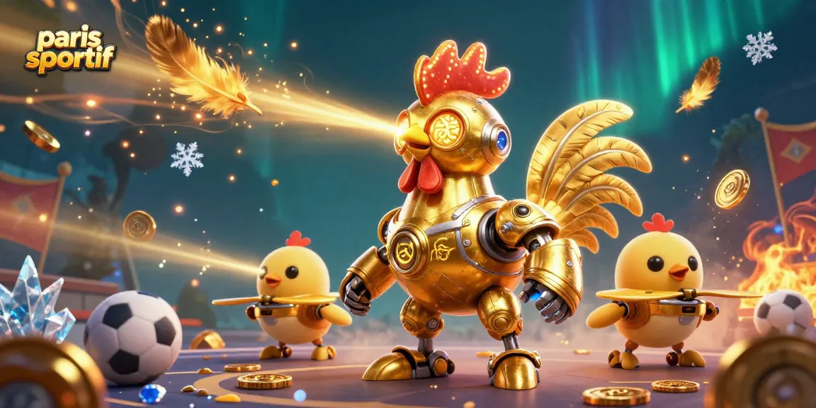 Pariez sur un événement sportif avec des éléments tels que le robot coq doré et des pièces d'or dans une scène dynamique.
