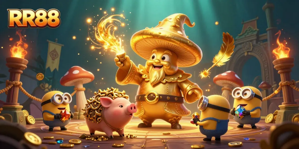 Experience the thrill of gambling with RR88's magical golden wizard and treasure hunting pig in a vibrant fantasy setting.
