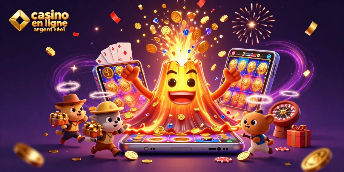 Plongez dans l'univers des casinos avec notre illustration de casino en ligne argent réel, où les trésors jaillissent d'un volcan en or.