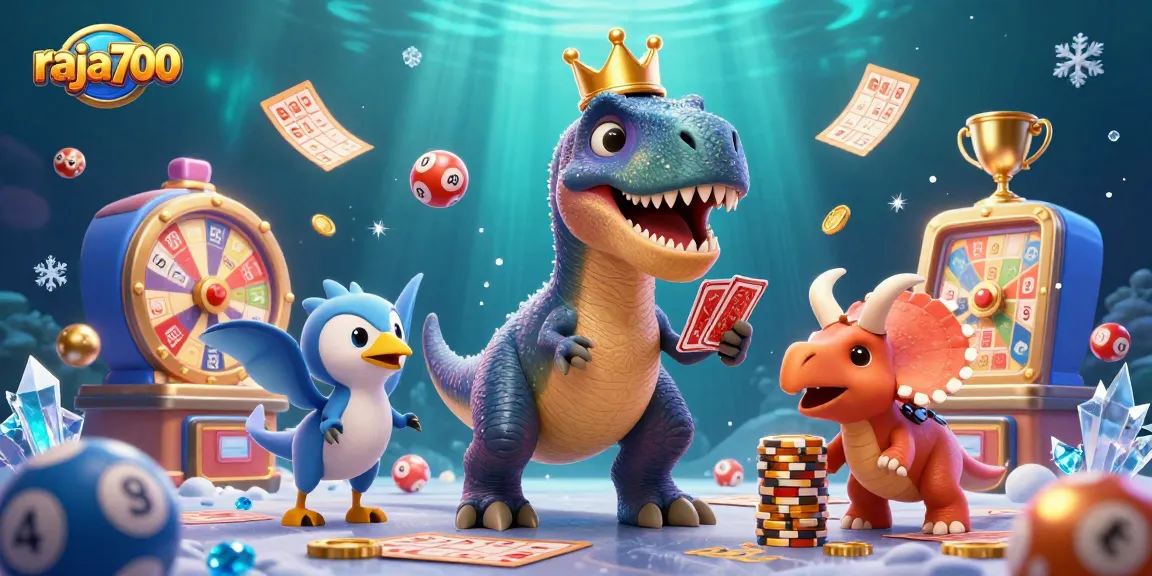 Raja700 memamerkan karakter kartu bermain dan elemen lotere yang menarik dalam ilustrasi 3D.