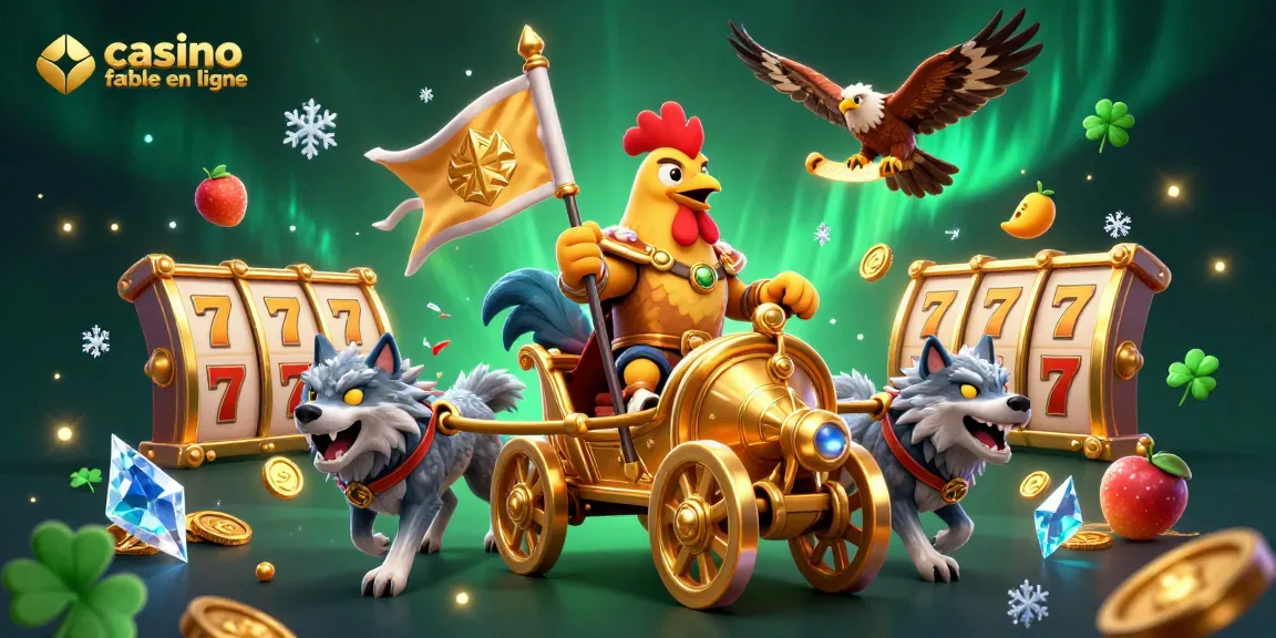 Découvrez les éléments d'un casino fiable en ligne avec un roi coq, des symboles de jackpot et des effets lumineux.