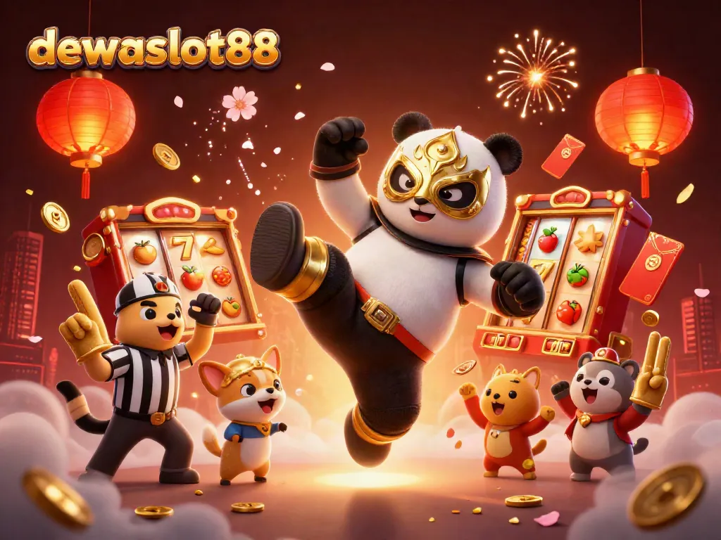 Gambaran karakter panda dengan masker emas melakukan tendangan di dewaslot88, dikelilingi elemen kasino.
