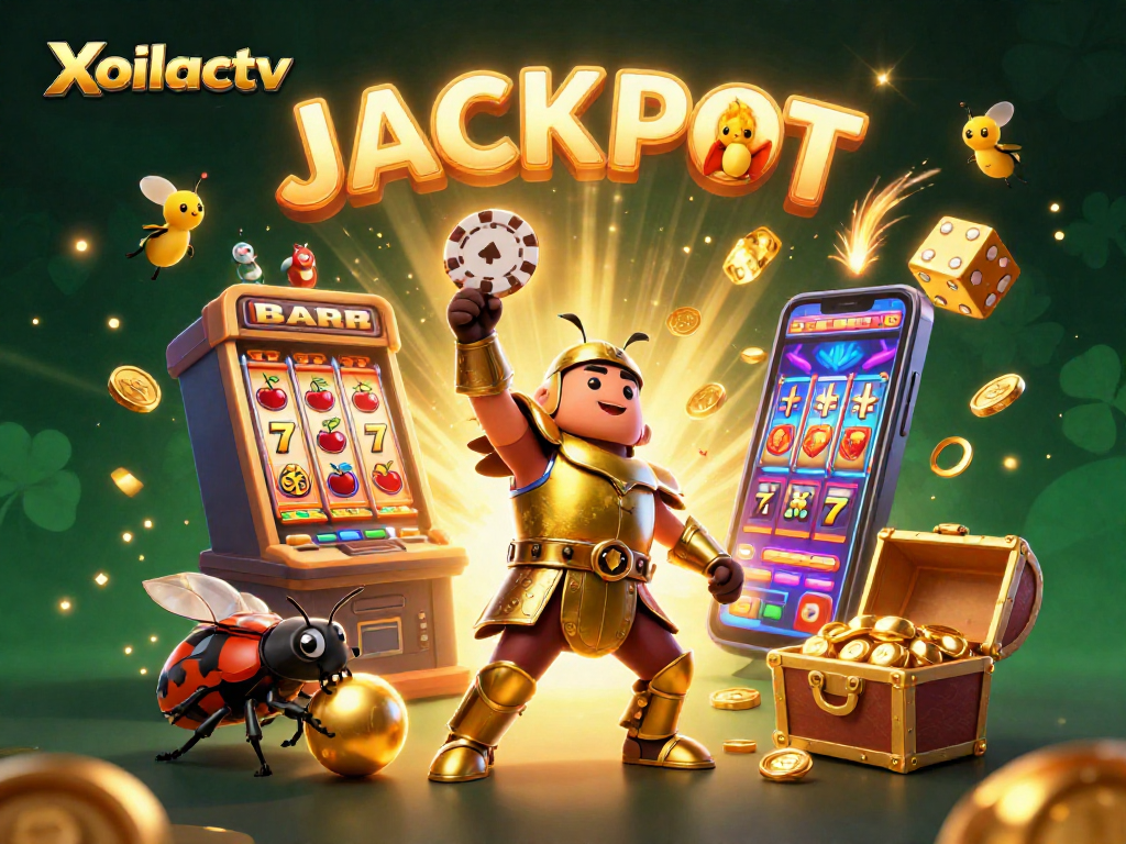 Xoilactv showcases a vibrant scene with a hercules beetle lifting a poker chip amid a jackpot celebration.