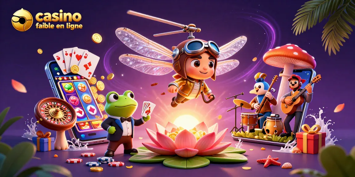 Illustration dynamique d'un casino fiable en ligne avec un pilote libellule et un croupier grenouille.