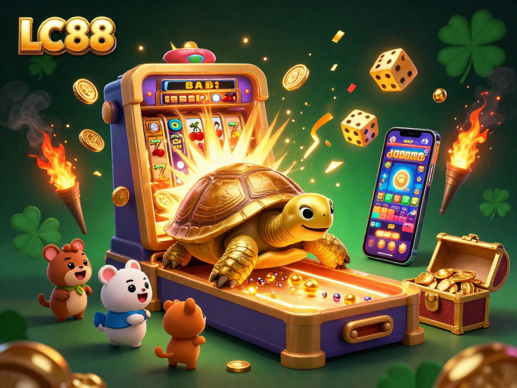 Experience thrilling wins at LC88 with vibrant illustrations of slot machines and a massive golden tortoise.