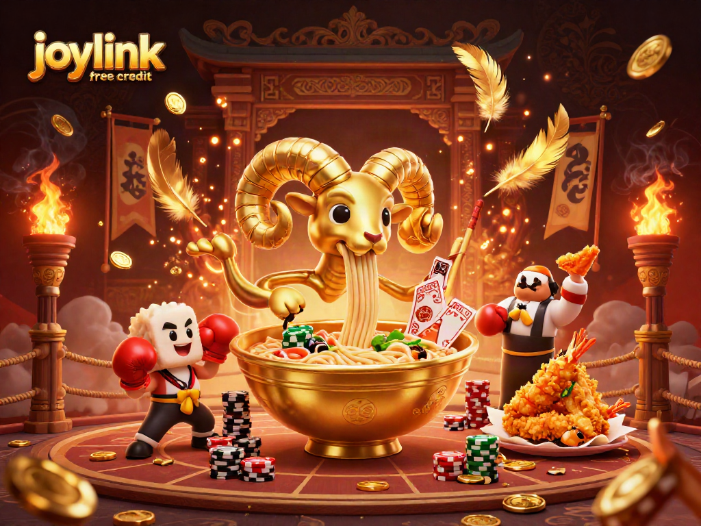 Experience joylink free credit with a dynamic casino-themed scene featuring unique 3D characters and action.
