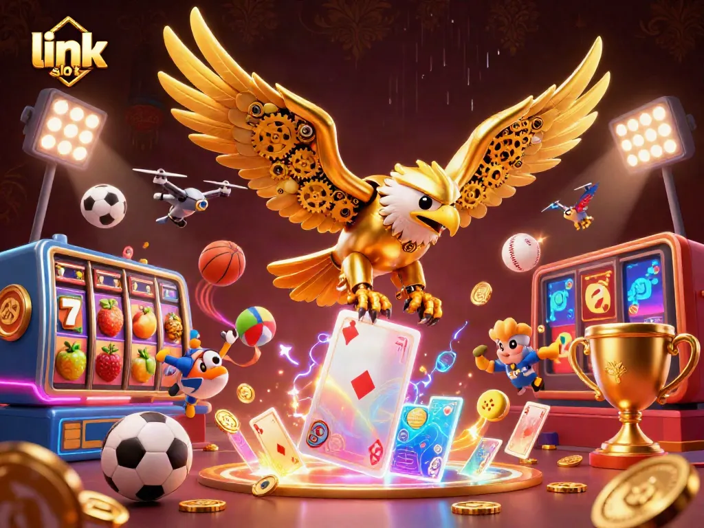 Engage with link slot and dive into the world of thrilling casino games featuring dynamic symbols and a striking eagle.