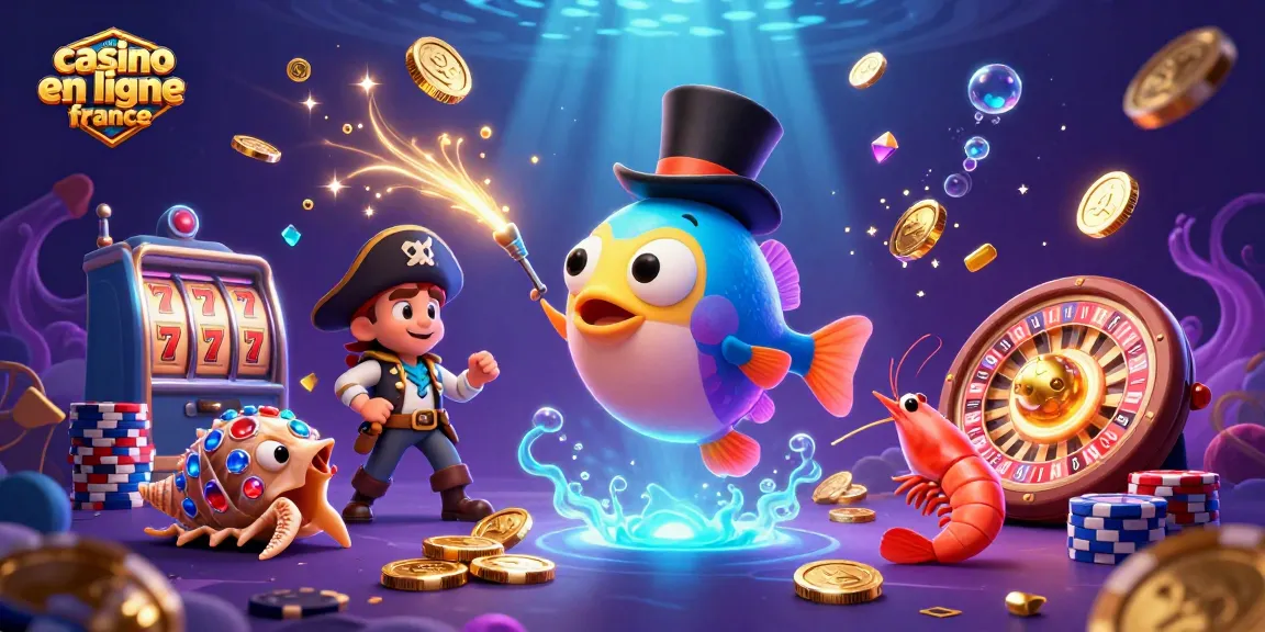 Illustration dynamique montrant le meilleur casino en ligne France avec des personnages de la mer et des éléments de jeu animés.