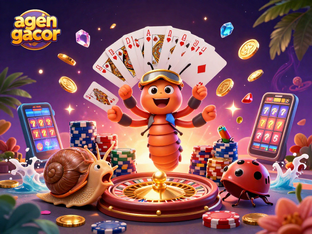 Experience the excitement of agen gacor with a vibrant 3D casino scene full of action, dealers, and chips.