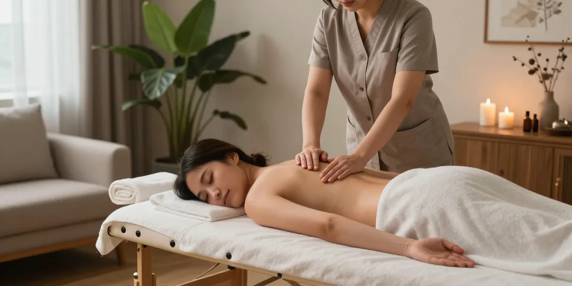 Relaxing home spa scene with a therapist providing 영등포출장안마, enhancing wellness and tranquility.
