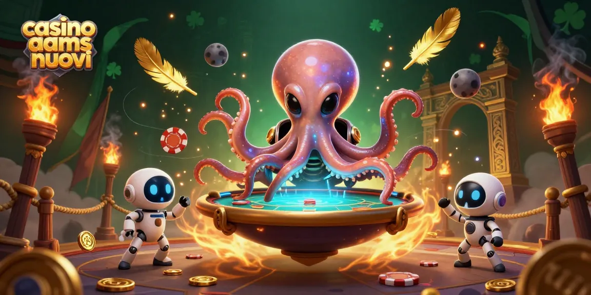 Casinò AAMS nuovi: esplora un'illustrazione 3D di un polipo spaziale mentre gioca a poker, circondato da chips e monete.