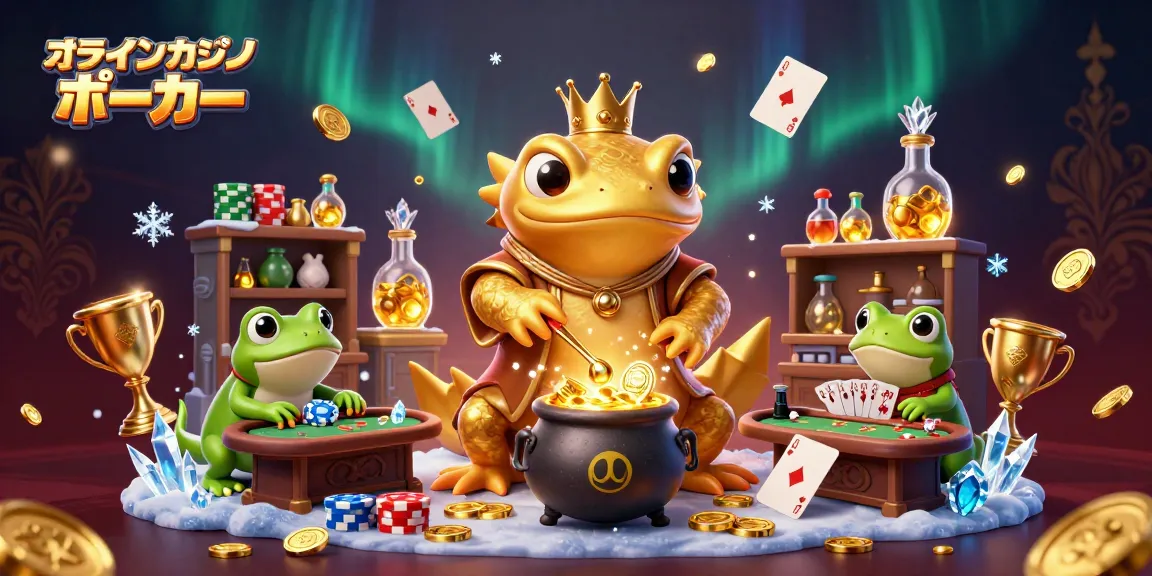 オンラインカジノ ポーカーでプレイする巨大な金のサラマンダーが魔法の実験室で金貨を生成するシーン