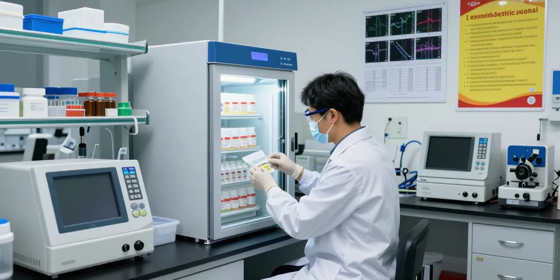 Proper lyophilisation peptides storage protocols in a scientific lab setting with temperature-controlled freezer.