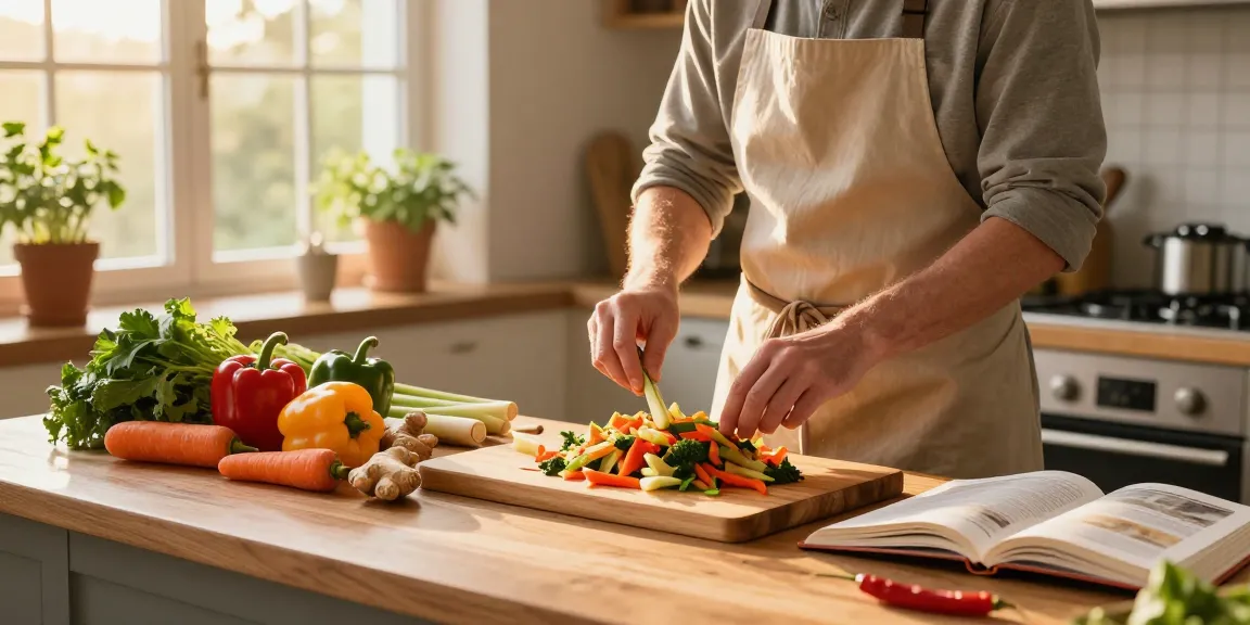Chef cooking with fresh ingredients in a cozy kitchen, highlighting the benefits of สล็อตเว็บตรง.