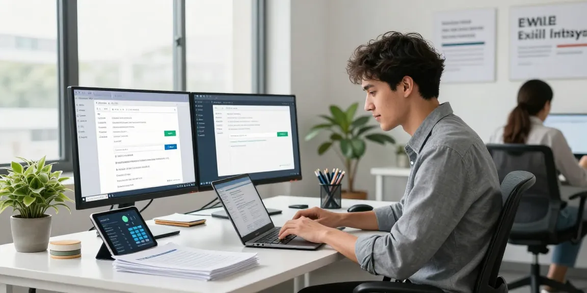 Business Email Hosting Gen2 setup in a modern office with entrepreneur using dual monitors.