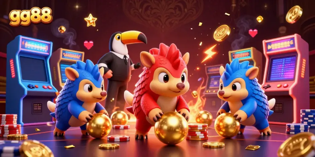 Engaging gg88 casino scene depicting rival pangolins with arcade-style gaming elements amid poker chips.