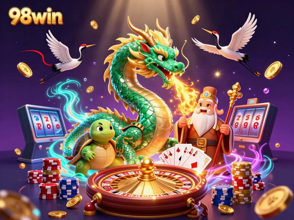 Experience the fun and thrill of 98win with exciting casino elements and vibrant characters.