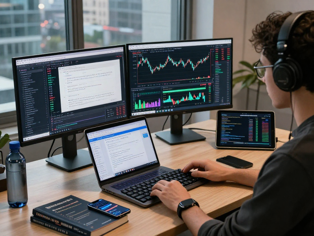 HK stock backtesting API showcased in a modern development workspace with dual monitors displaying real-time market data and coding interfaces.