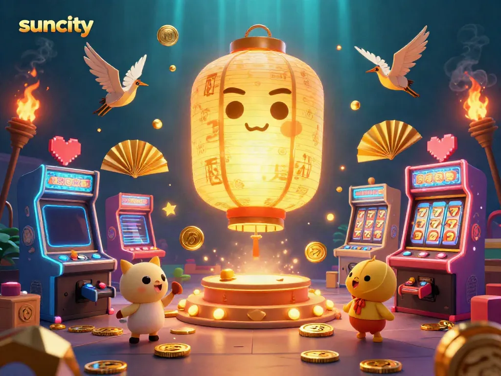 Suncity captures the vibrant energy of a night market casino with golden lantern spirits and arcade elements.