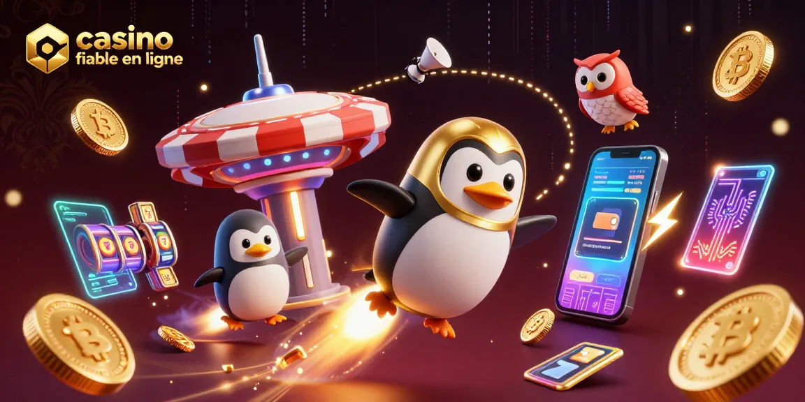 Vue dynamique d'un pingouin doré propulsé par une fusée dans l'espace pour un casino fiable en ligne.