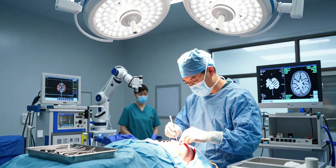 Beyin ameliyatı in a modern surgical environment with expert team focused on precision.