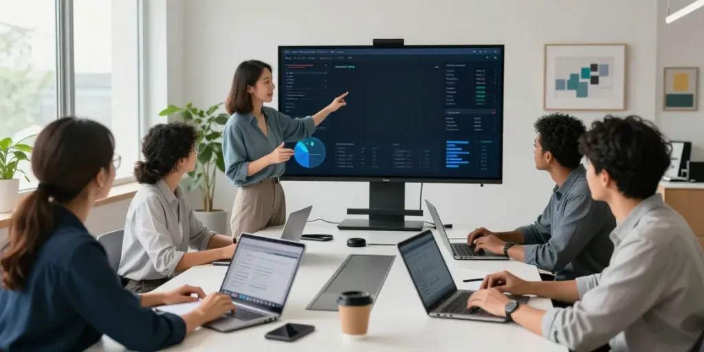 Professionals collaborating in a modern workspace focused on ecommerce solutions and digital analytics.