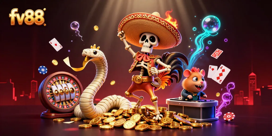 Experience the thrill of fv88 with a vibrant scene featuring a mariachi rooster dancing amidst casino games.