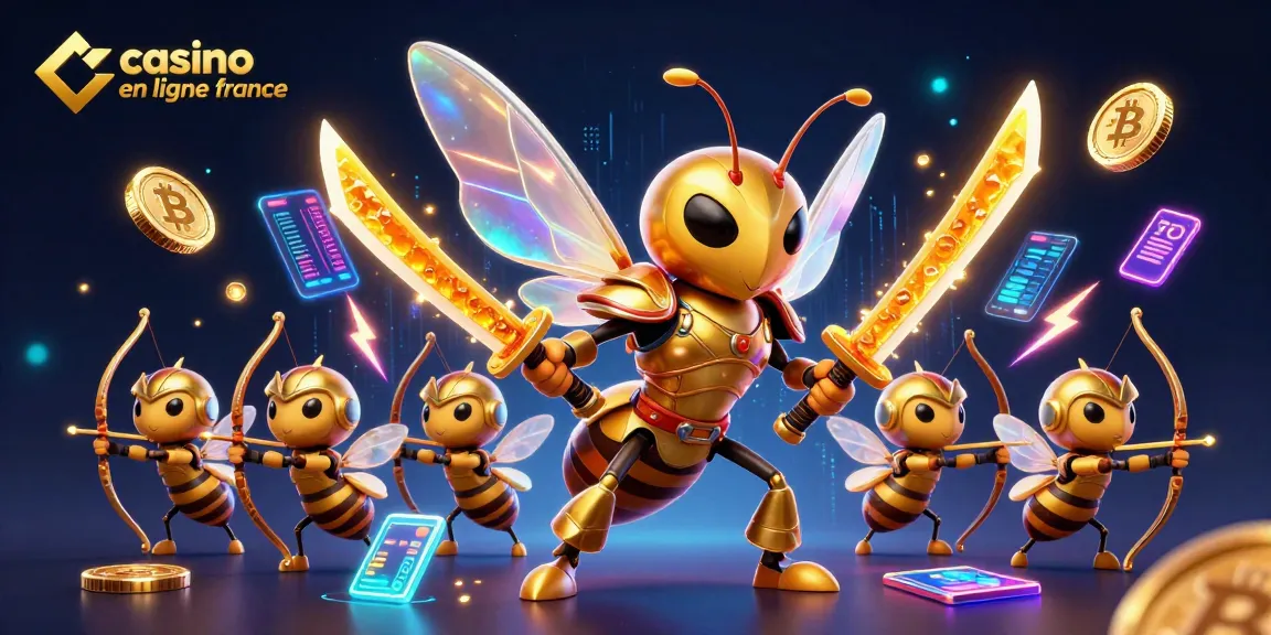 Plongez dans l'univers captivant du casino en ligne France avec une illustration dynamique de personnages animés entourés de pièces de crypto-monnaie.
