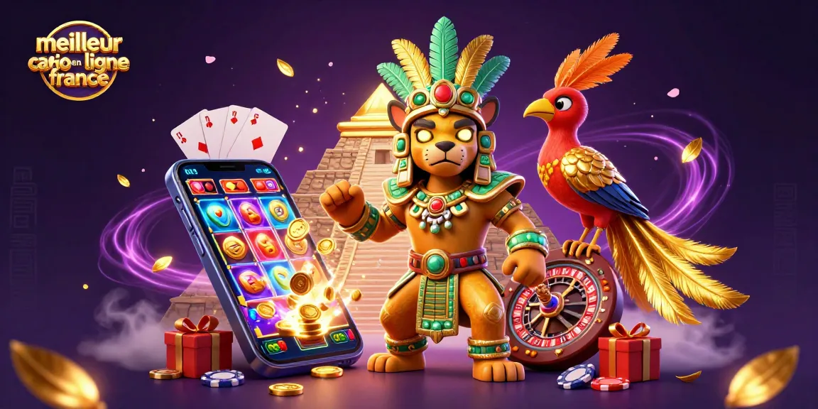 Découvrez le meilleur casino en ligne France avec un prêtre jaguar et un compagnon quetzal au centre d'une scène dynamique.