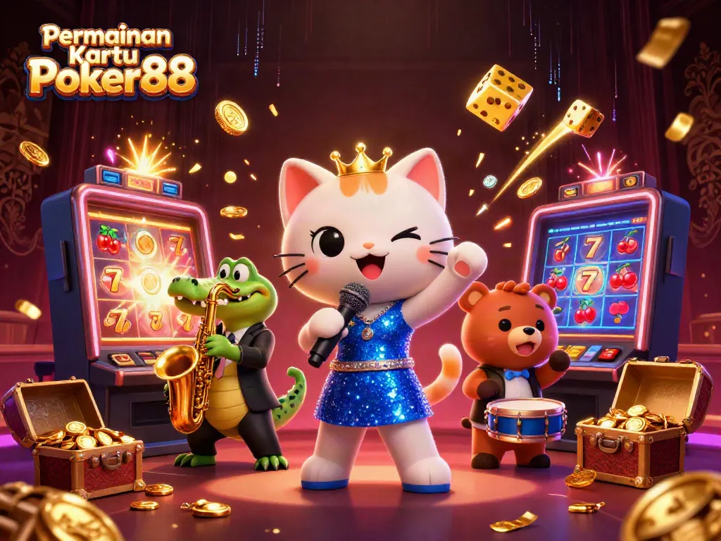 Experience Permainan Kartu Poker88 with a vibrant 3D casino scene featuring animated characters and dynamic game elements.