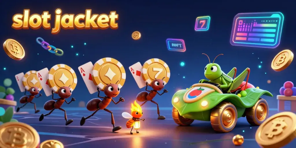 Ants carrying oversized jackpot poker chips in a vibrant casino heist scene showcasing slot jackpot excitement.