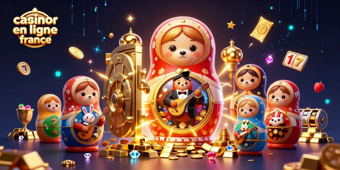 Illustration 3D de casino avec "meilleur casino en ligne france" mettant en scène un ours Matryoshka, des petits ours en tenue de dealer et un lapin en train de jouer de la balalaïka.