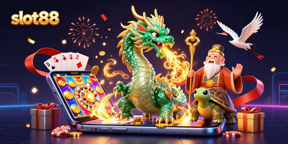 Experience thrilling victories with slot88 in this vibrant 3D casino illustration featuring lucky symbols and game elements.
