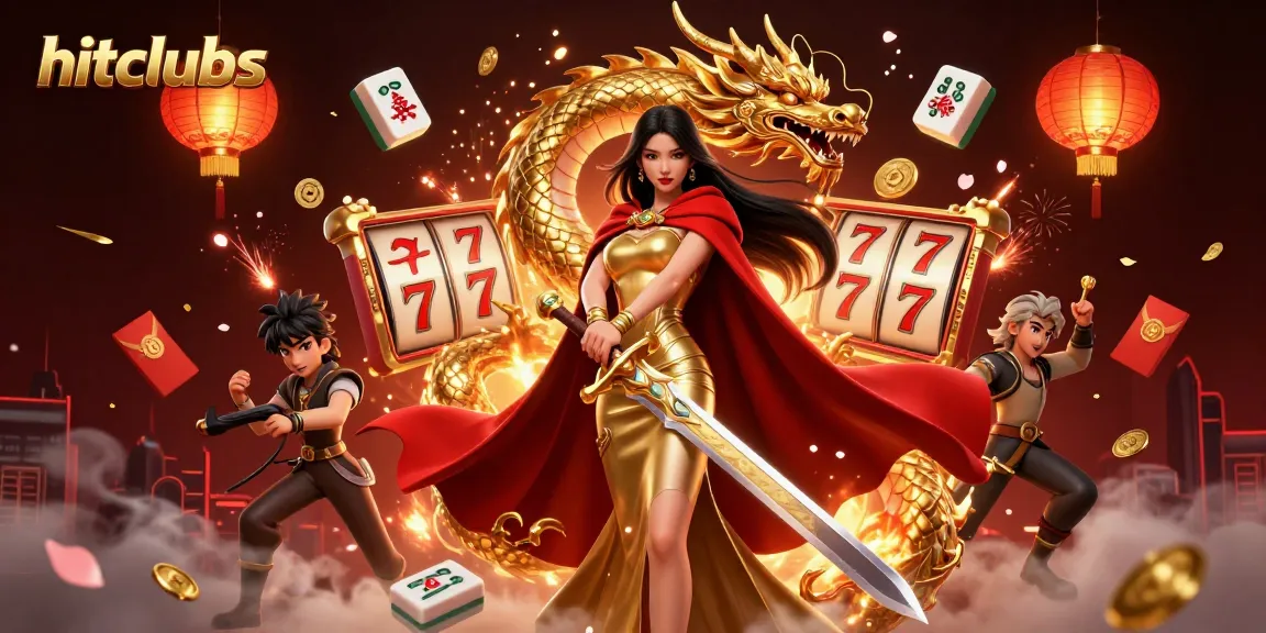 Experience the thrill of hitclubs as the warrior queen leads a vibrant casino adventure with slot reels and golden elements.
