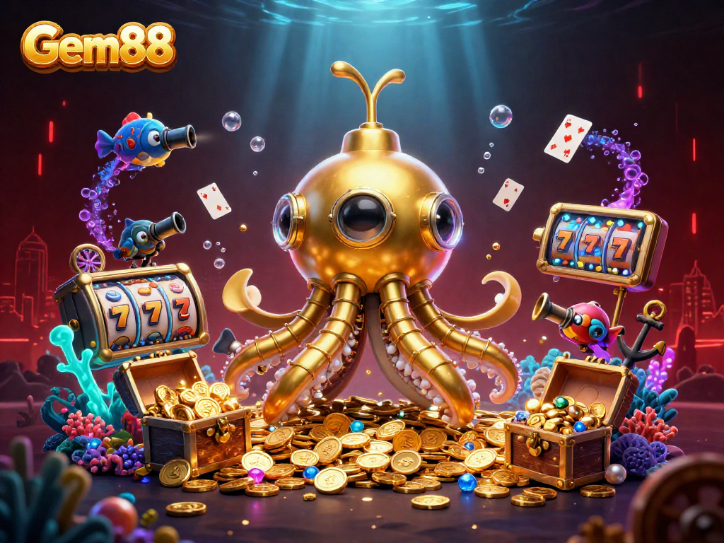 Gem88 showcases a vibrant underwater scene filled with slots and golden treasures, inviting players to explore.